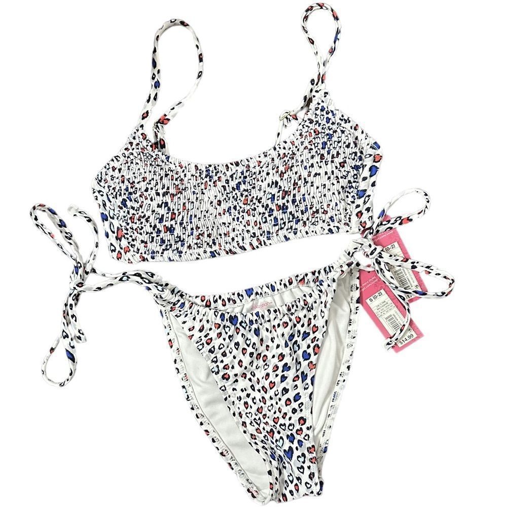 Xhilaration Animal Heart Print Smocked Bikini & High Leg Bottom Junior’s Small